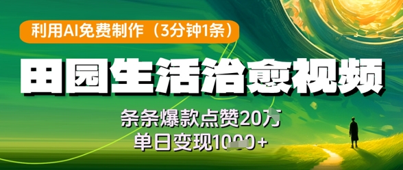 利用AI免费制作田园生活治愈视频，条条爆款点赞20W，单日变现几张好项目网-专注分享网络创业项目落地实操课程 – 全网首发_高质量创业项目输出好项目网